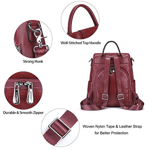 S-ZONE Women's Waterproof Leather Backpack Rucksack - Wine Red