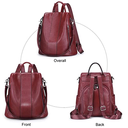 S-ZONE Women's Waterproof Leather Backpack Rucksack - Wine Red
