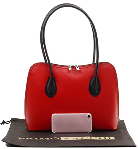 Italian Red Black Leather Classic Handbag Tote