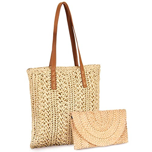 Women's Designer Straw Shoulder Bag and Clutch Set