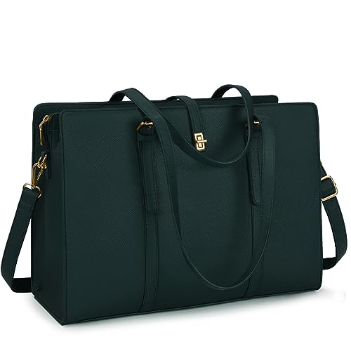 Dark Green Leather Designer Laptop Tote Bag