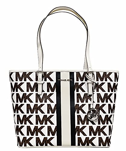 Michael Kors White Striped Carryall Tote with Brown Wallet