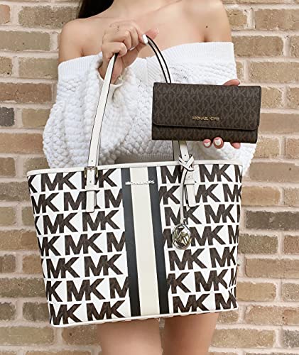 Michael Kors White Striped Carryall Tote with Brown Wallet