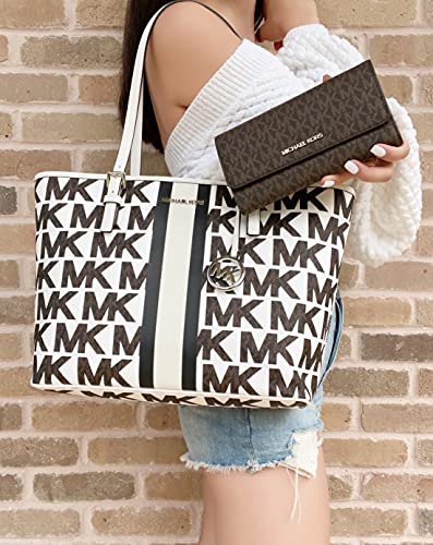 Michael Kors White Striped Carryall Tote with Brown Wallet