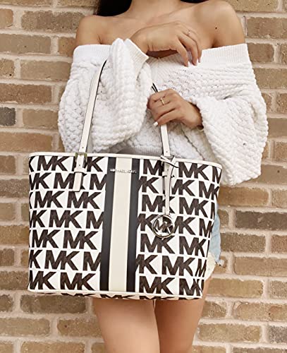 Michael Kors White Striped Carryall Tote with Brown Wallet
