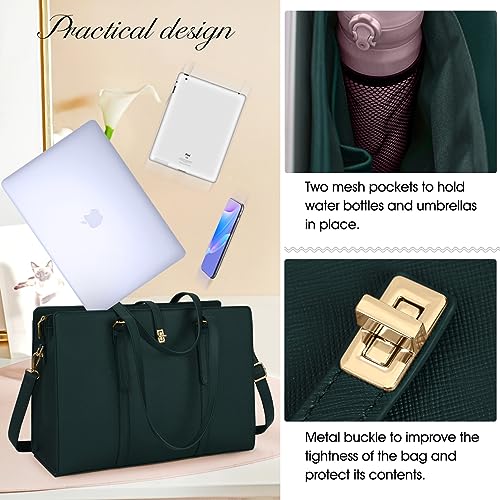Dark Green Leather Designer Laptop Tote Bag