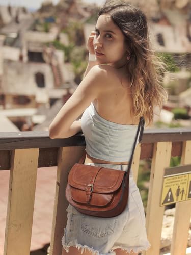 Brown vegan leather crossbody saddle purse for women - boho