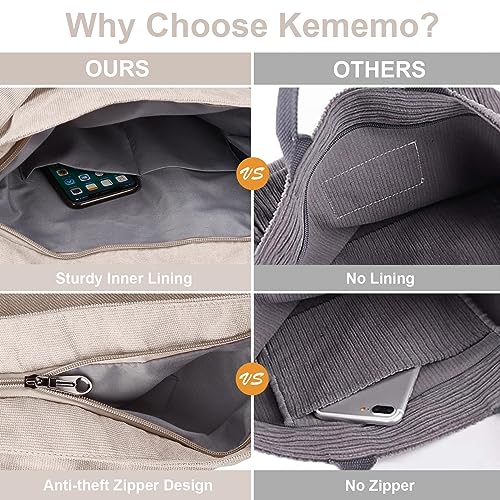 Kememo Beige Corduroy Designer Hobo Crossbody Tote Bag