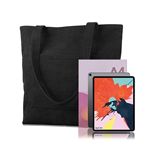 Black Corduroy Tote Bag with Zip, Large Capacity
