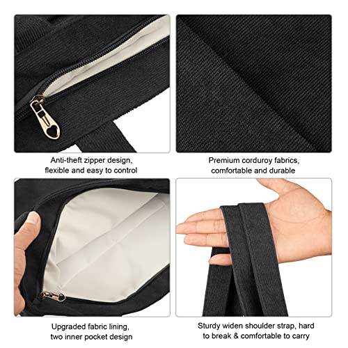 Black Corduroy Tote Bag with Zip, Large Capacity
