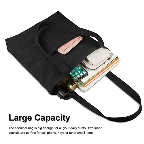 Black Corduroy Tote Bag with Zip, Large Capacity