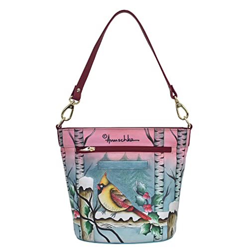 Anuschka Genuine Leather Tall Bucket Hobo - Snowy Cardinal