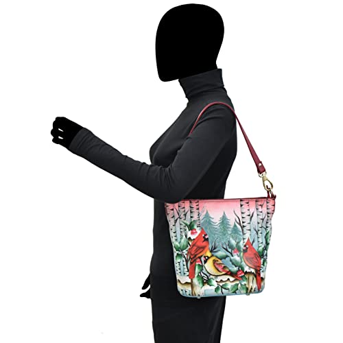 Anuschka Genuine Leather Tall Bucket Hobo - Snowy Cardinal