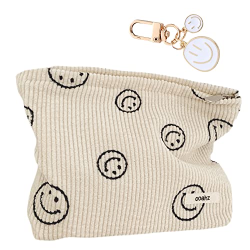Corduroy Smile Face Cosmetic Bag with Smiley Pendant