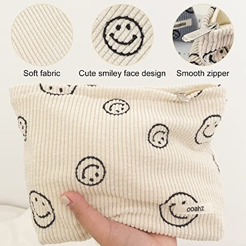 Corduroy Smile Face Cosmetic Bag with Smiley Pendant