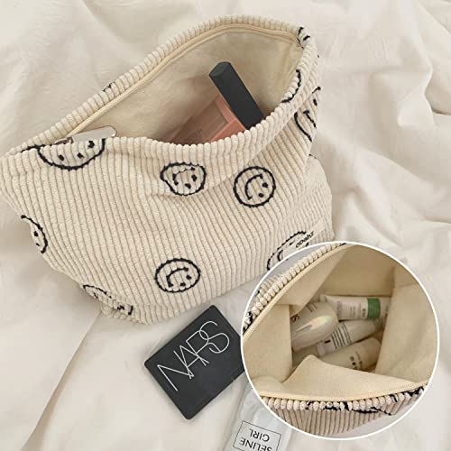Corduroy Smile Face Cosmetic Bag with Smiley Pendant