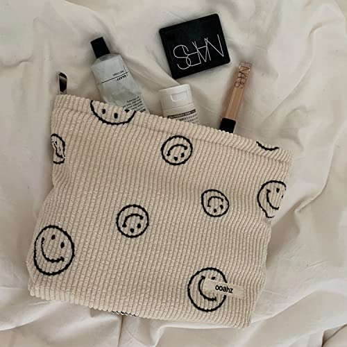 Corduroy Smile Face Cosmetic Bag with Smiley Pendant