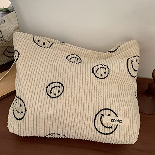 Corduroy Smile Face Cosmetic Bag with Smiley Pendant