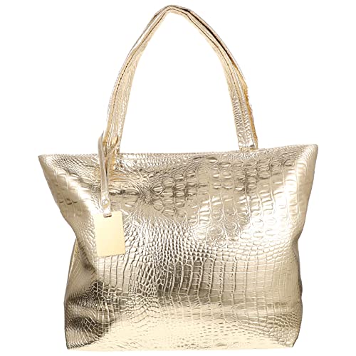 Golden PU Tote Bag for Women, Large Capacity