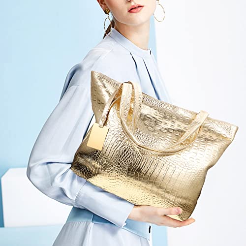 Golden PU Tote Bag for Women, Large Capacity