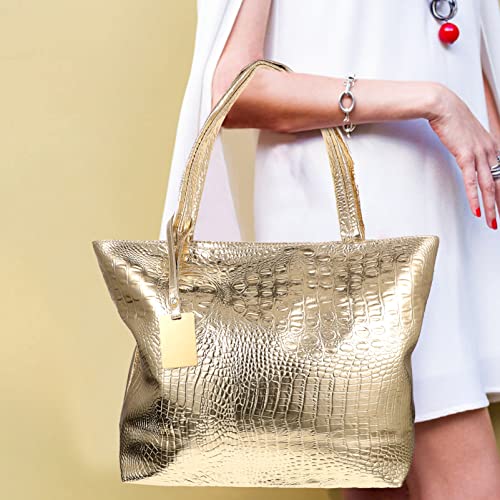 Golden PU Tote Bag for Women, Large Capacity