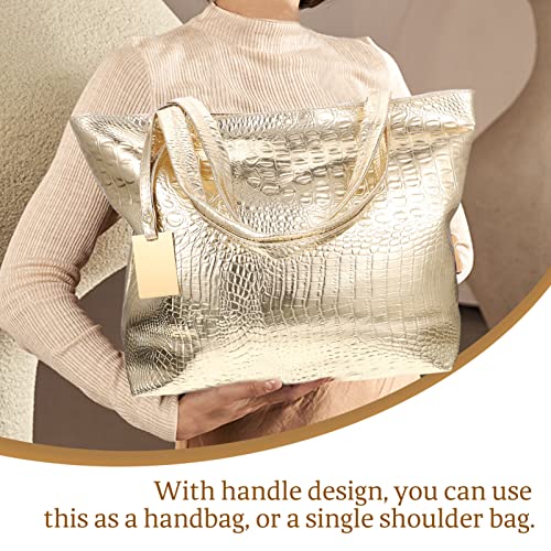 Golden PU Tote Bag for Women, Large Capacity