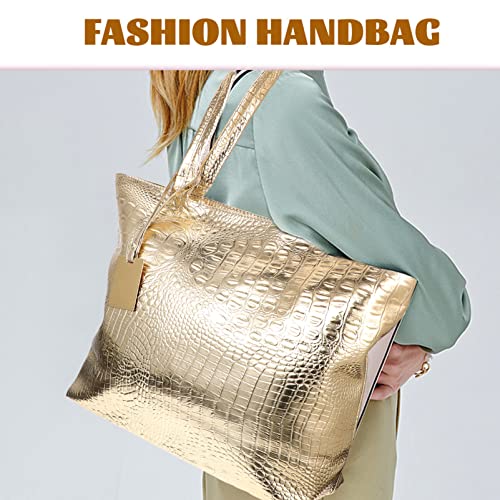 Golden PU Tote Bag for Women, Large Capacity