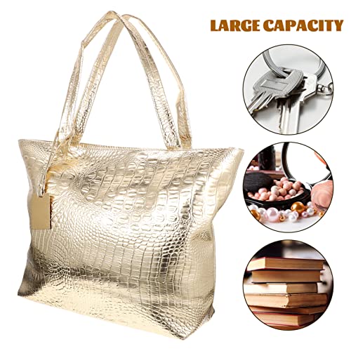 Golden PU Tote Bag for Women, Large Capacity