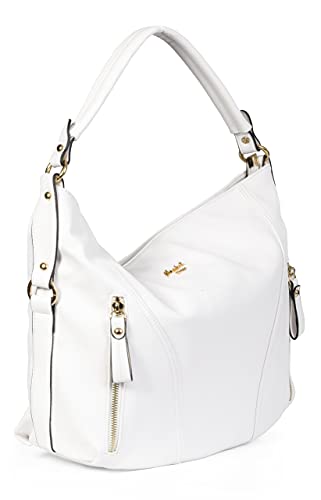 Mabel Large Shoulder Handbag - Leather - Multiple Zip Pockets (White)