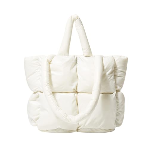 White Luxury Puffer Tote, Designer Quilted Handbag for Women