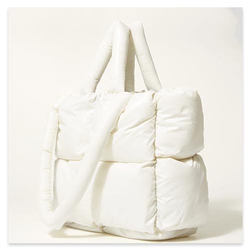 White Luxury Puffer Tote, Designer Quilted Handbag for Women