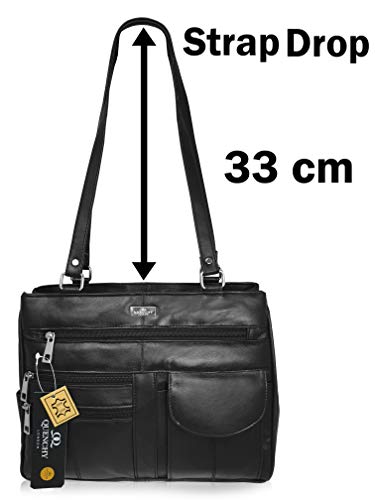 Quenchy London Leather Shoulder Bag - 8 Inner Pockets - Medium Size