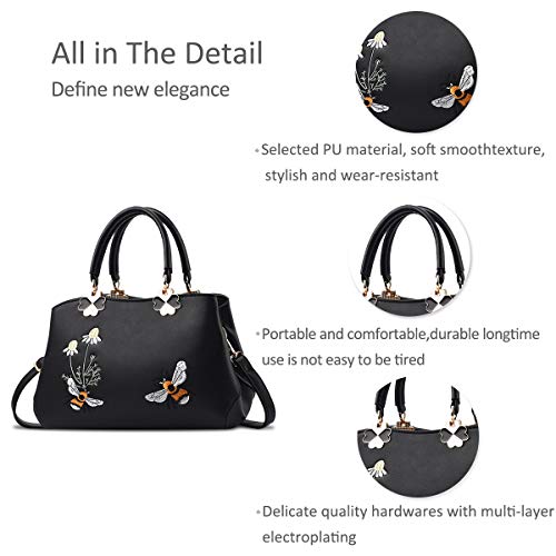 Nicole&Doris Retro Crossbody Bag Black Bee Embroidered Design