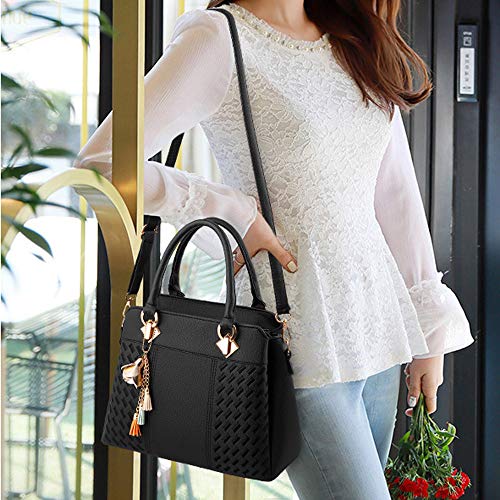 Black PU Leather Designer Handbag Tote Satchel Women