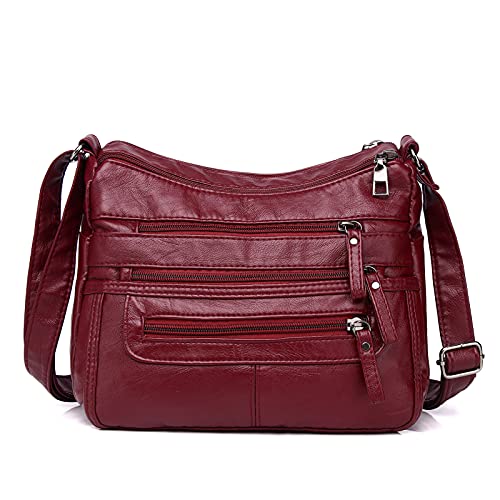 Hanaso Damen PU-Leder Schultertasche Handtasche Crossover weinrot