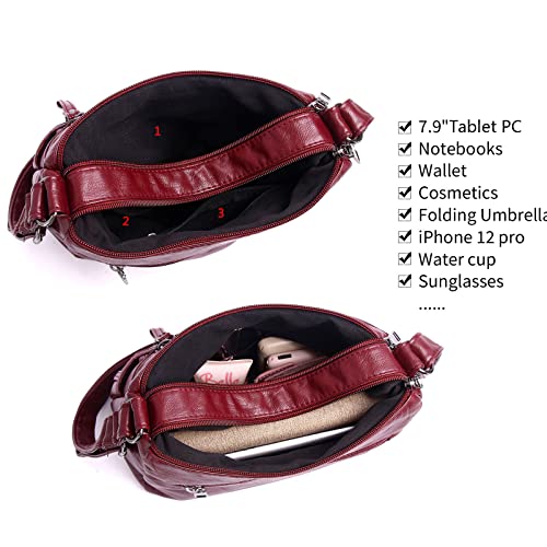 Hanaso Damen PU-Leder Schultertasche Handtasche Crossover weinrot
