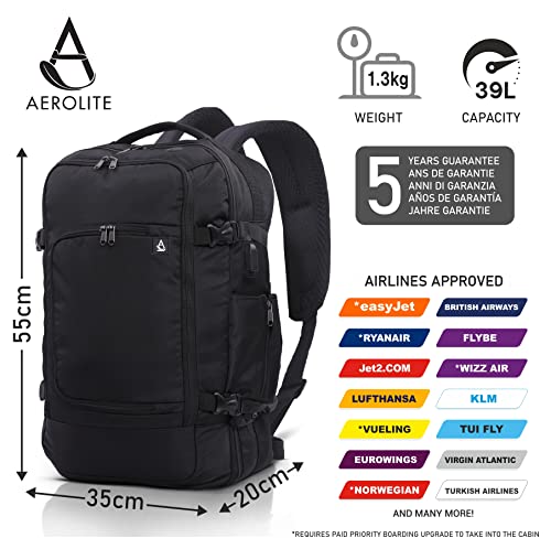 Aerolite 39L Cabin Backpack for 15” Laptop, Black
