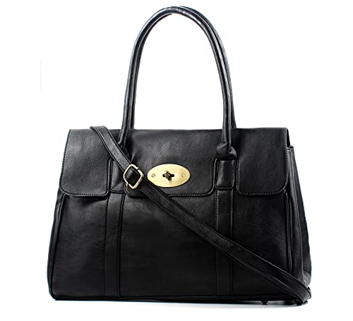 AOSSTA Womens Large Tote Bag with Turnlock (3193 Black)