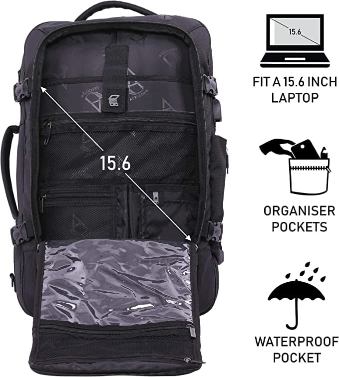 Aerolite 39L Cabin Backpack for 15” Laptop, Black
