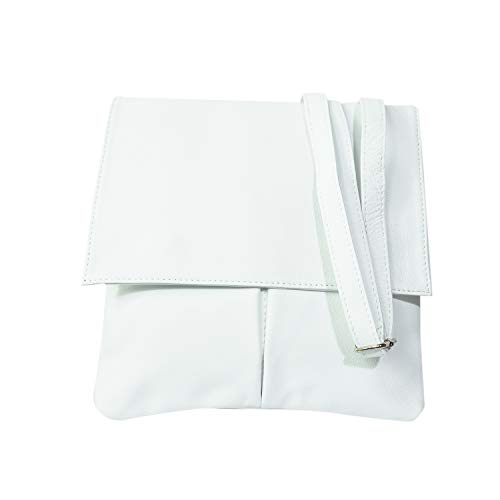 Genuine Soft Italian Leather Vera Pelle Double Pocket Light weight Cross Body Messenger bag. (White)