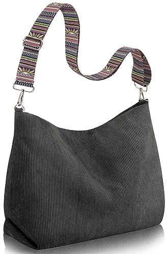 Gray Damen Cord Tragetasche: Große Kapazität, Reißverschluss