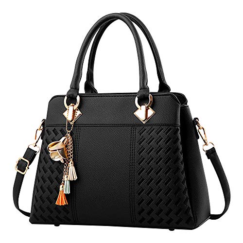 Black PU Leather Designer Handbag Tote Satchel Women