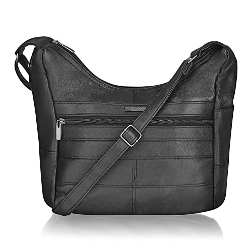 Ladies Black Leather Crossbody Handbag - Multipocket Medium