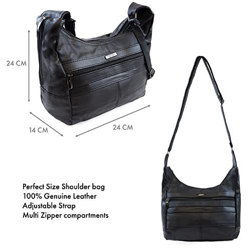 Ladies Black Leather Crossbody Handbag - Multipocket Medium