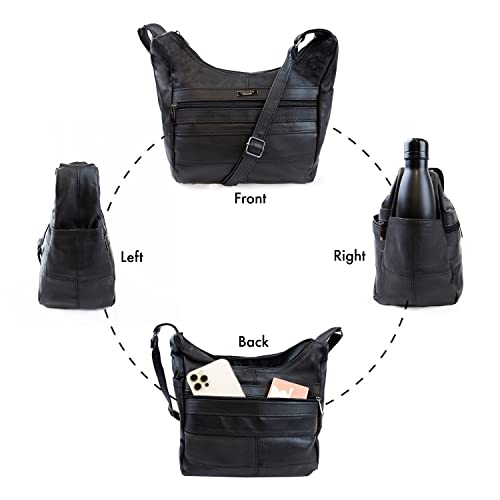 Ladies Black Leather Crossbody Handbag - Multipocket Medium