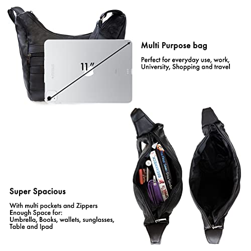 Ladies Black Leather Crossbody Handbag - Multipocket Medium