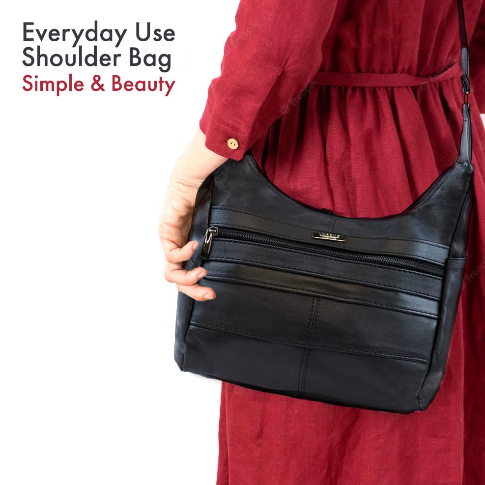 Ladies Black Leather Crossbody Handbag - Multipocket Medium