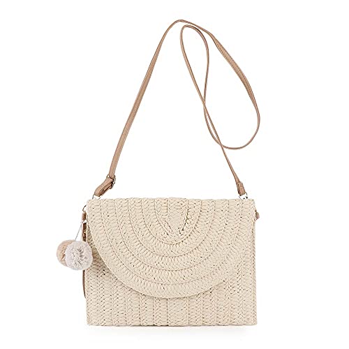 Handmade Straw Crossbody Bag for Summer Beach (Beige)