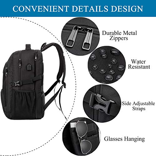 50L Travel Backpack with USB Charging Port - Black