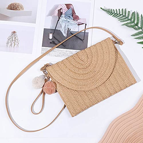 Handmade Straw Crossbody Bag for Summer Beach (Beige)